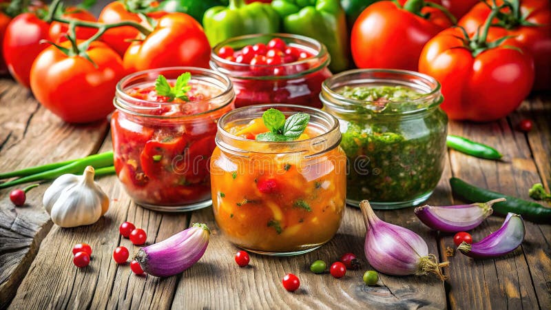 Borcane salsa de casă cu vibrații, un festin rustic pentru ochi și ingrediente proaspete de casă rețetă gourmet salsa royalty free illustration