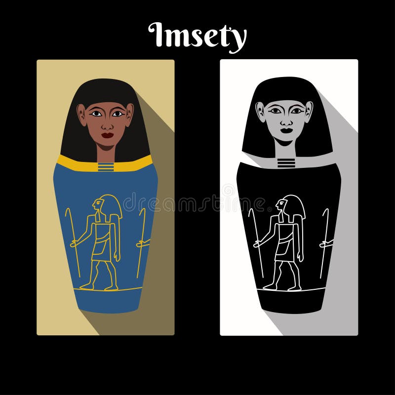 Borcanul canopic din Egiptul antic cu fiul lui Dumnezeu Horus, imagine stilizată și scriere cu nume. culoarea borcanului zeilor și royalty free illustration
