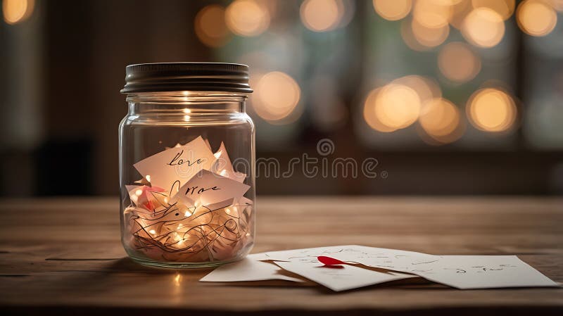 Borcanul luminat conține note de dragoste și lumini zâne stock illustration