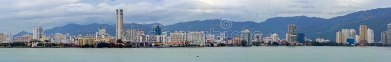 Panoramic view of waterfront of George Town, Penang, Malaysia, from seaside. Panoramic view of waterfront of George Town, Penang, Malaysia, from seaside