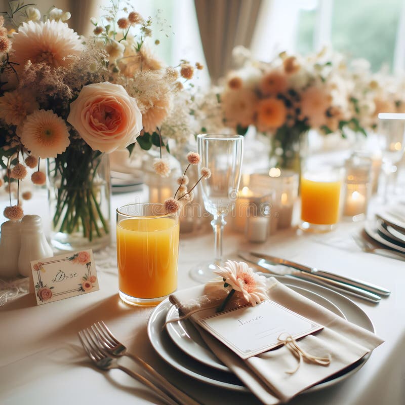 Bord med juiceglas, platskort med blommor stock illustrationer