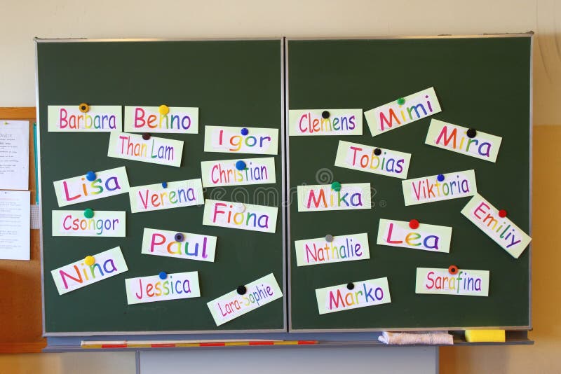 green blackboard in a classroom with names. green blackboard in a classroom with names