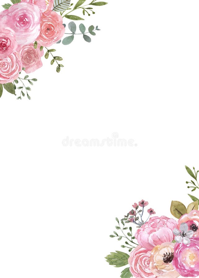 Borda floral de primavera de aquarela. flores cor-de-rosa e folhas verdes pintadas à mão sobre fundo branco. quadro de férias