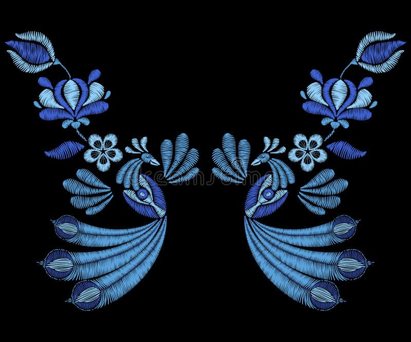 Bordado com pássaros do pavão, flores da mola Colar para o fabr ilustração royalty free Bordado com pássaros do pavão, flores da mola Colar para o fabr ilustração royalty free
