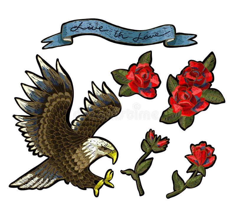 Bordado con las rosas y un Eagle-símbolo de la libertad Ilustración del vector libre illustration Bordado con las rosas y un Eagle-símbolo de la libertad Ilustración del vector libre illustration