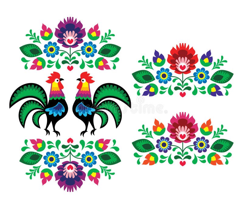 Bordado de flores étnico polaco con los gallos - modelo popular tradicional