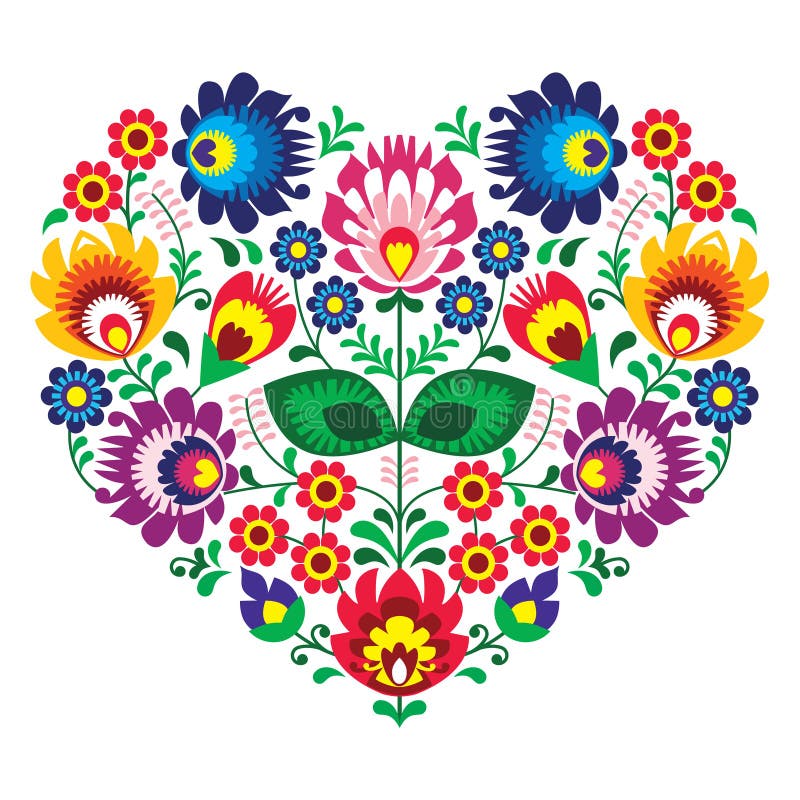 Bordado polaco con las flores - lowickie wzory del corazón del arte del arte del olk
