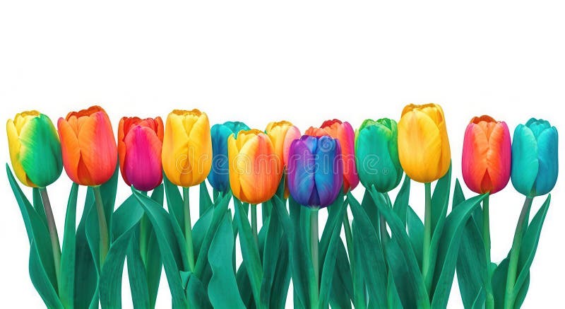 Borde de tulipanes coloridos sobre blanco con espacio de copia. Borde de tulipanes coloridos sobre blanco con ai generador de espacio de copia