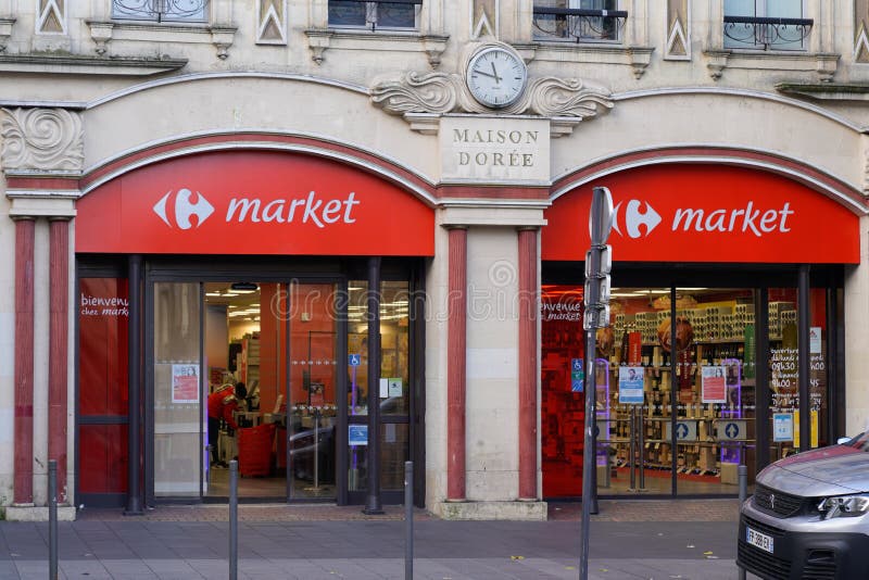 Carrefour Market Store Brand Sign And Text Logo On Facade Supermarket