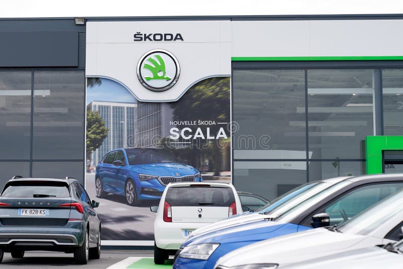 Bordeaux , Aquitaine / France - 10 30 2019 : Skoda logo car sign automobile manufacturer Volkswagen Group store dealership stock image Bordeaux , Aquitaine / France - 10 30 2019 : Skoda logo car sign automobile manufacturer Volkswagen Group store dealership stock image
