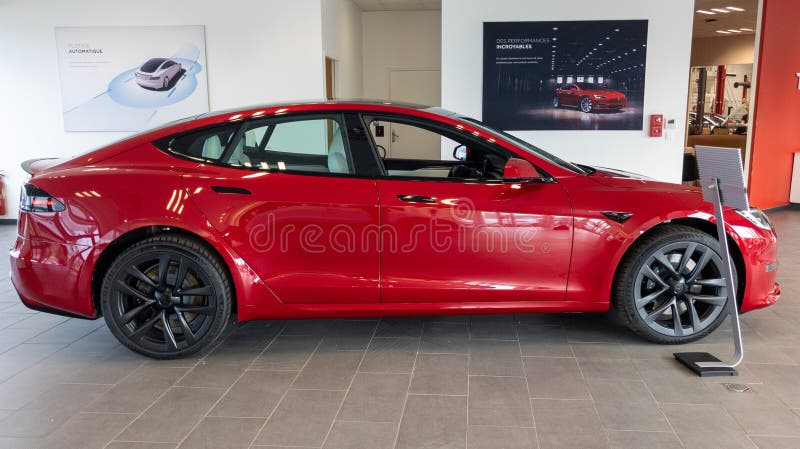 tesla model s red side view