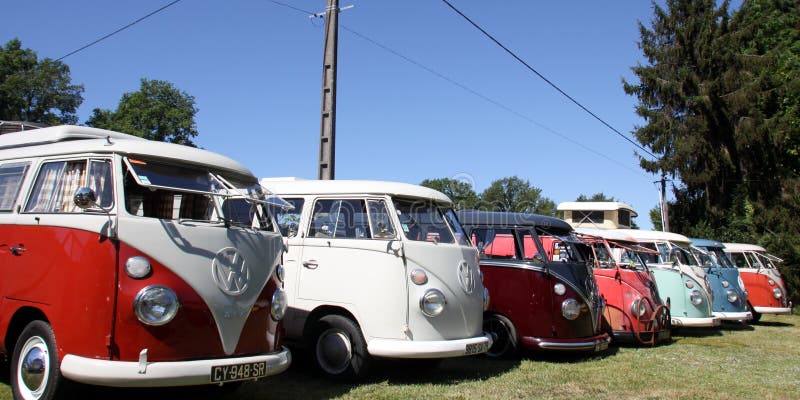 Bordeaux , Aquitaine France - 12 12 2022 : Volkswagen bus line of several vw combi lined up in collection vehicle meeting split vintage car vehicle