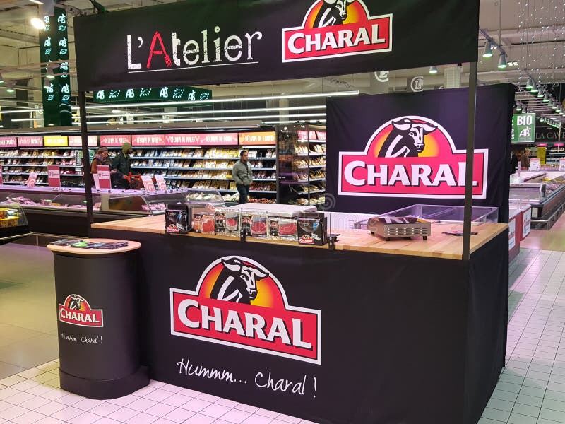 Bordeaux, gironde France - December 06 2018 - marketing butcher stand for industrial meal charal in supermarket royalty free stock photos Bordeaux, gironde France - December 06 2018 - marketing butcher stand for industrial meal charal in supermarket royalty free stock photos
