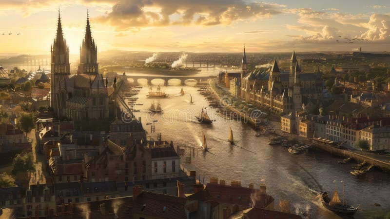 Bordeaux 15 wieku : żywotne ulice i architektoniczne przepychanki ilustracja wektor