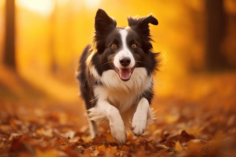 Border collie dog running in autumn forest. Image with shallow depth of field, Border collie dog running in the autumn meadow, Pet animals enjoying the outdoors, AI Generated