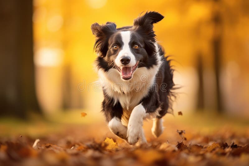 Border Collie dog running in autumn park. Fall season concept, Border collie dog running in the autumn meadow, Pet animals enjoying the outdoors, AI Generated