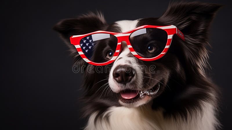 Border collie dog wearing heart shaped American flag sunglasses for 4th of July highly generative ai