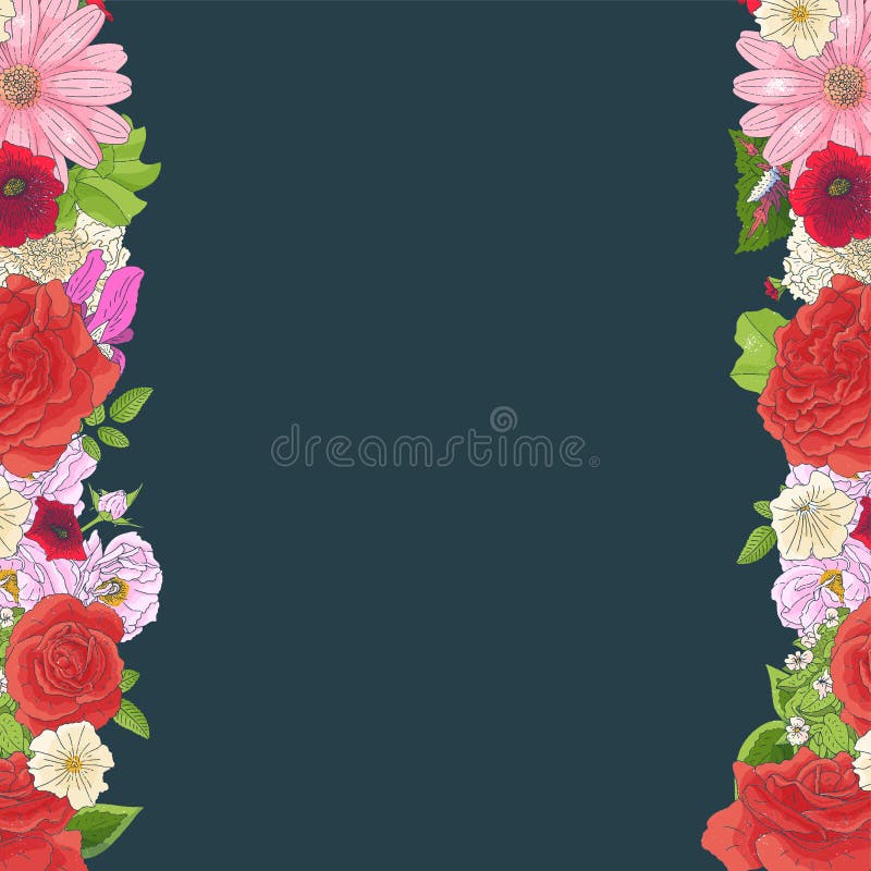 Border with different flowers in doodle style. Hand drawn elements for wedding floral design, greeting card, vector illustration royalty free illustration Border with different flowers in doodle style. Hand drawn elements for wedding floral design, greeting card, vector illustration royalty free illustration