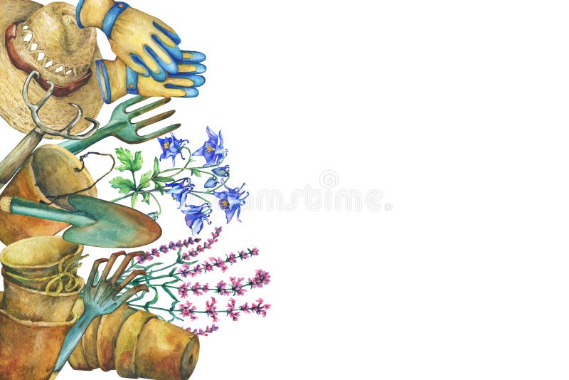 Border with gardening tools, solar hat, gloves, terra cotta plant pots and flowers. Shovel, rake, pitchfork. stock illustration Border with gardening tools, solar hat, gloves, terra cotta plant pots and flowers. Shovel, rake, pitchfork. stock illustration