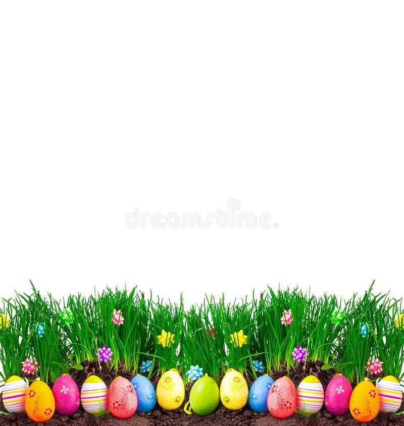 Border, greeting card of bright colorful painted easter eggs with spring grass and decoration isolated on white background