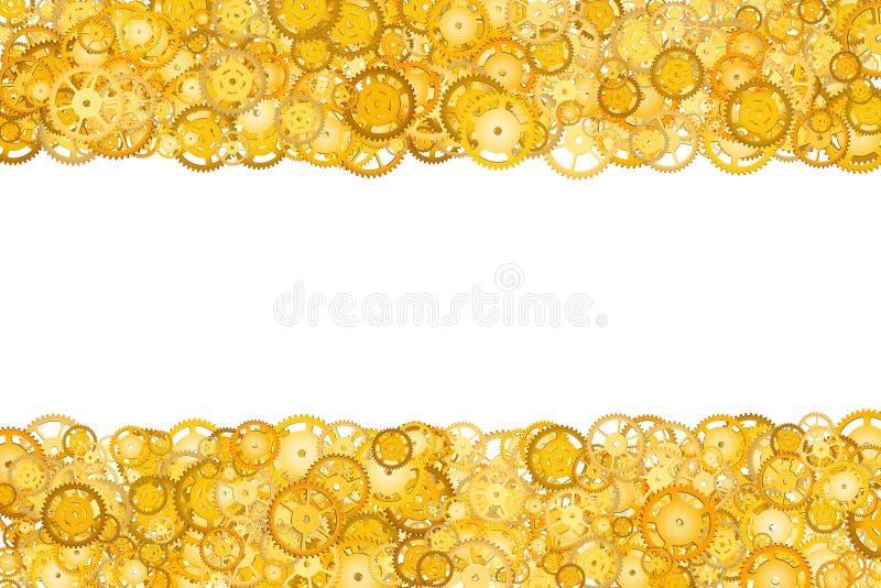 Border with many gears. Golden frame of gears. Technological frame. Mechanical design. Yellow cogs.