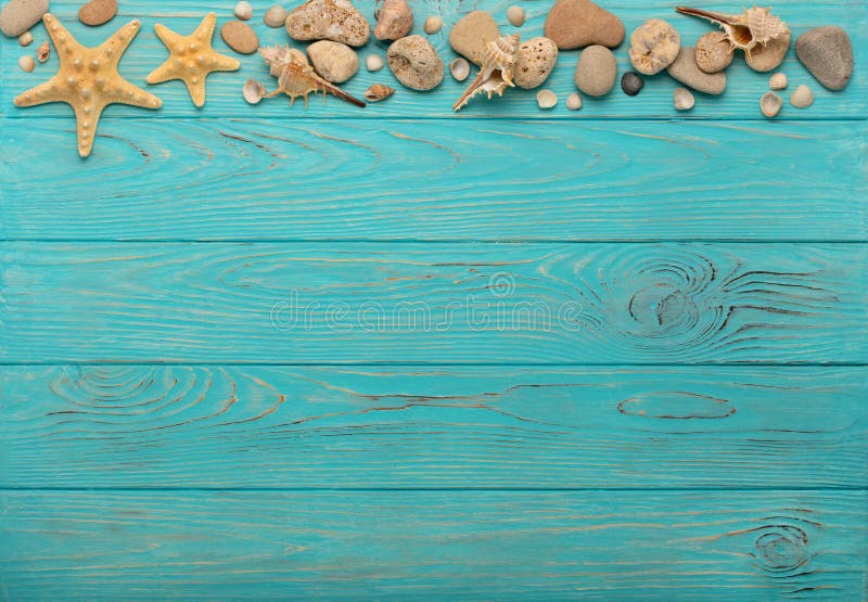 Border with Rope, Stones, Sea Shells and Starfish on a Turquoise Stock ...