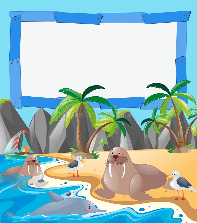 Border template with sea animals on the beach