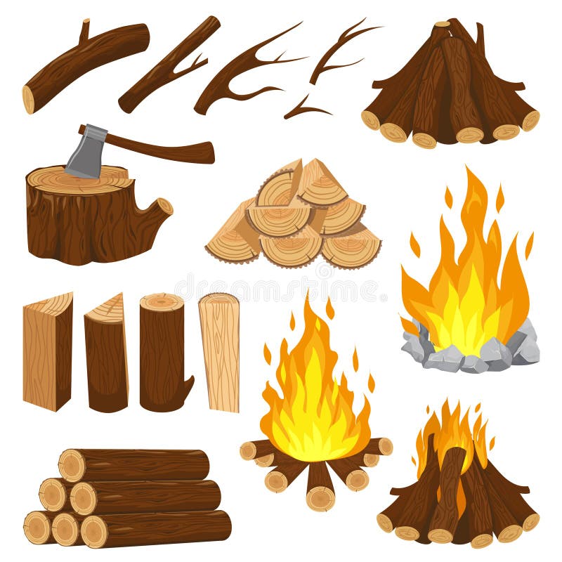 Bordi della legna da ardere Legno del fuoco del camino, pila di legno bruciante e falò ardente Fuoco di accampamento che registra royalty illustrazione gratis