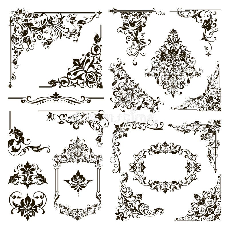 Bordi di conchiglia ornamentali e angoli di ornamento di ornamenti deco-floreali impostati dai vettori illustrazione vettoriale