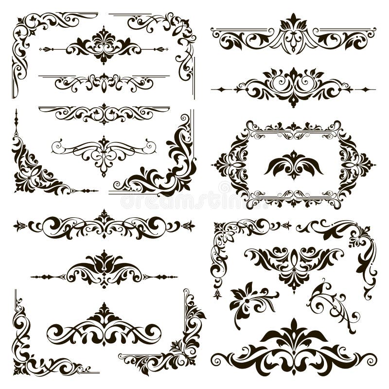 Bordi di conchiglia ornamentali e angoli di ornamento di ornamenti deco-floreali impostati dai vettori illustrazione vettoriale