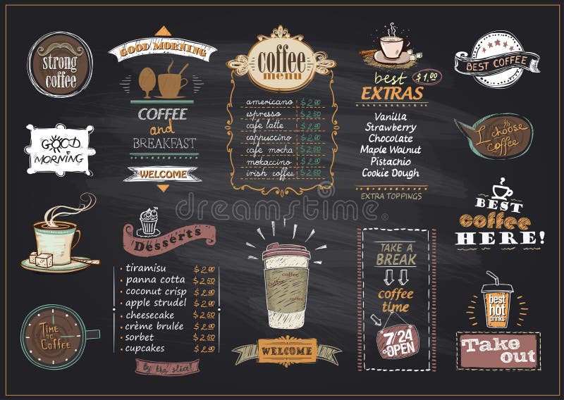 Bordkoffie en van het dessertsmenu lijstontwerpen voor koffie of restaurant worden geplaatst dat stock illustratie Bordkoffie en van het dessertsmenu lijstontwerpen voor koffie of restaurant worden geplaatst dat stock illustratie