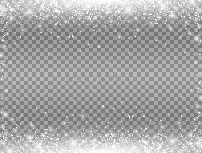 Bordo con neve brillante Neve che cade su uno sfondo trasparente Felice biglietto natalizio Neve magica Design invernale