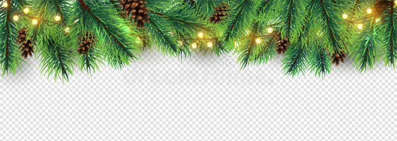Bordo natalizio Terreni di villeggiatura isolati su uno sfondo trasparente Vettore rami, luci e coni di alberi di Natale illustrazione di stock Bordo natalizio Terreni di villeggiatura isolati su uno sfondo trasparente Vettore rami, luci e coni di alberi di Natale illustrazione di stock