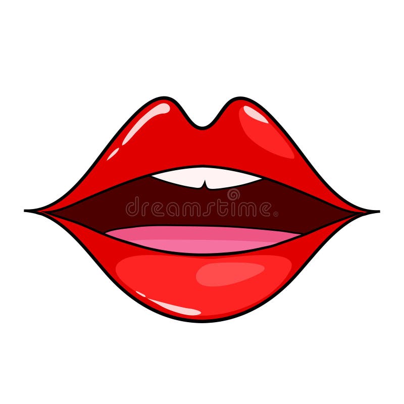 Lábios femininos vermelhos brilhantes no estilo retrô pop art boca em forma  de beijo ilustração vetorial