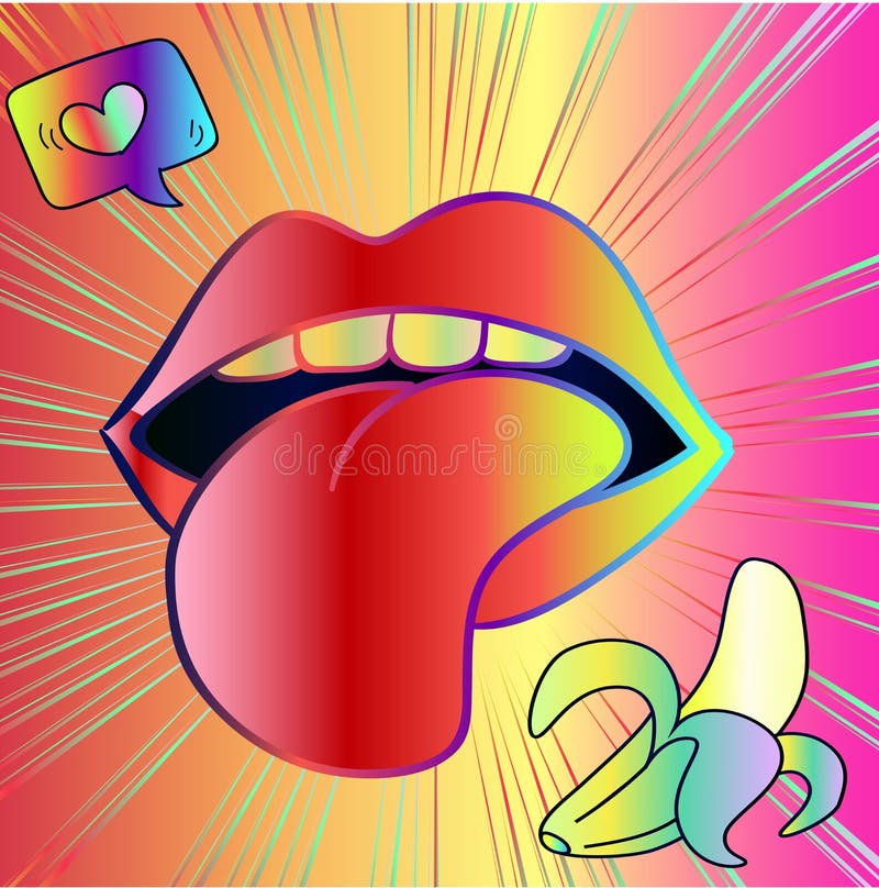 Bordos 'sexy' do pop art com língua - etiqueta de néon fresca da banana, coração ilustração do vetor Bordos 'sexy' do pop art com língua - etiqueta de néon fresca da banana, coração ilustração do vetor