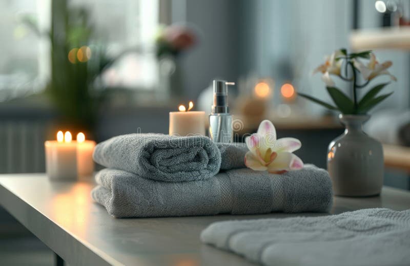 A table covered with an array of towels and candles arranged neatly for decoration. AI Generative AI generated. A table covered with an array of towels and candles arranged neatly for decoration. AI Generative AI generated