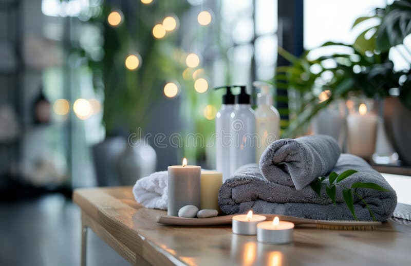 A table covered with an array of towels and candles arranged neatly for decoration. AI Generative AI generated. A table covered with an array of towels and candles arranged neatly for decoration. AI Generative AI generated