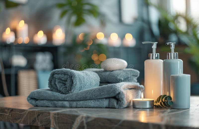 A table covered with an array of towels and candles arranged neatly for decoration. AI Generative AI generated. A table covered with an array of towels and candles arranged neatly for decoration. AI Generative AI generated