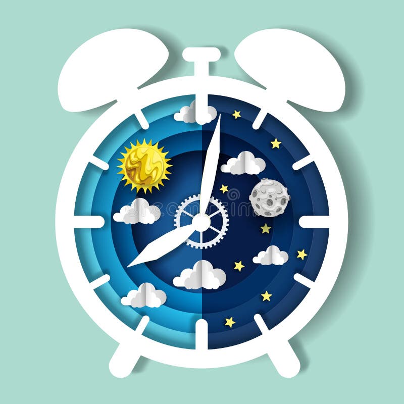 Paper cut craft style clock with day and night sky on dial, vector illustration. Sleep wake cycle. Circadian rhythm, internal body clock. Paper cut craft style clock with day and night sky on dial, vector illustration. Sleep wake cycle. Circadian rhythm, internal body clock.