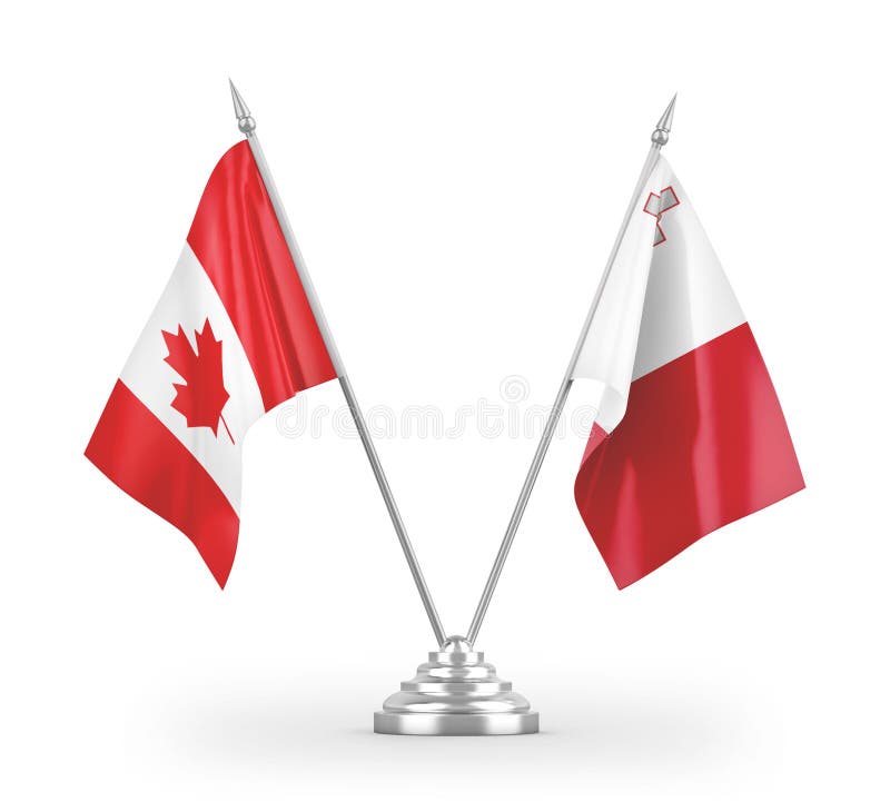 Bordsflaggor för malta och canada isolerade på vit 3d-rendering. Tabellflaggor för malta och canada isolerade på vit bakgrund 3d-rendering