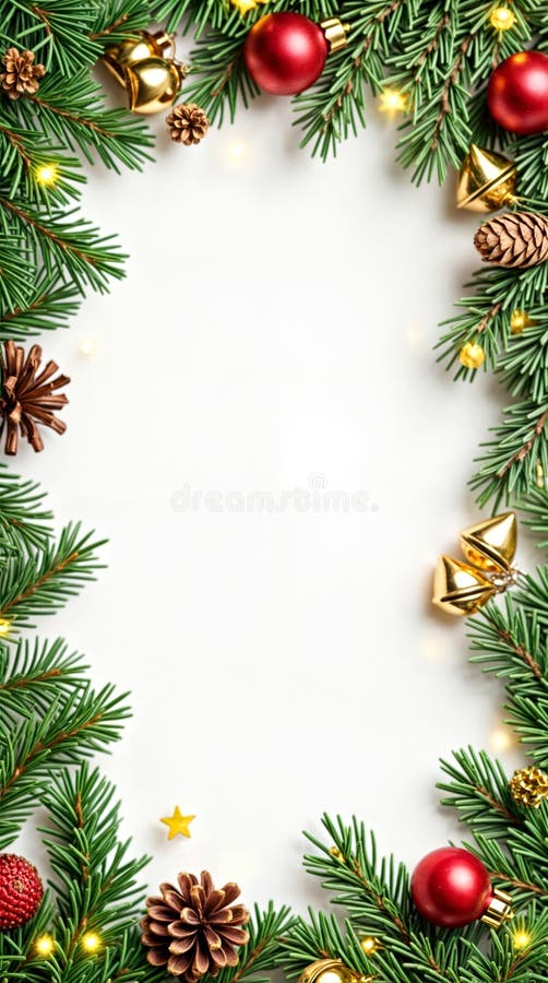 Bordură festivă de Crăciun cu crengi de pin, ornamente roșii și clopoței de aur pe fond alb vector illustration