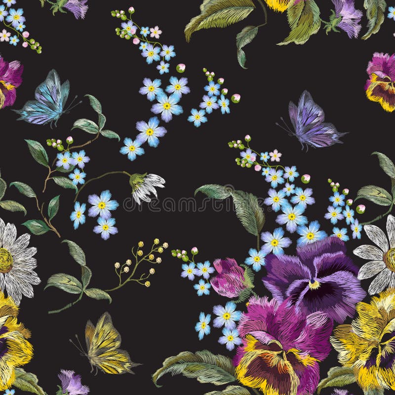 Borduurwerk bloemen naadloos patroon met pansies en kamilles royalty-vrije illustratie Borduurwerk bloemen naadloos patroon met pansies en kamilles royalty-vrije illustratie