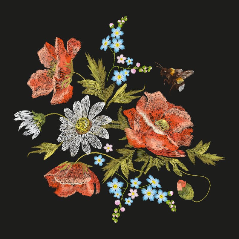 Embroidery colorful floral pattern with poppy and daisy flowers. Vector traditional folk fashion ornament with chamomiles and bee on black background. Embroidery colorful floral pattern with poppy and daisy flowers. Vector traditional folk fashion ornament with chamomiles and bee on black background.