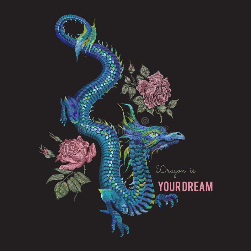 Borduurwerk oosters bloemenpatroon met blauwe draak en rode rozen stock illustratie Borduurwerk oosters bloemenpatroon met blauwe draak en rode rozen stock illustratie