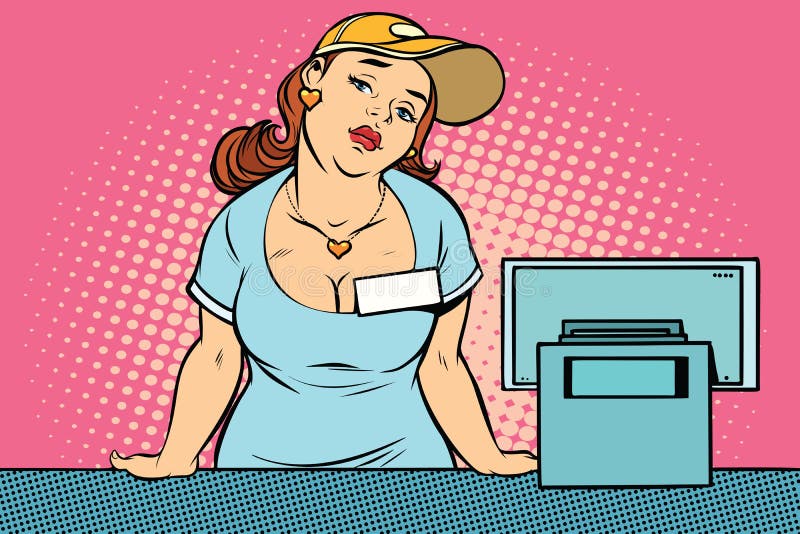 Bored retro woman seller at the checkout vector illustration Bored retro woman seller at the checkout vector illustration