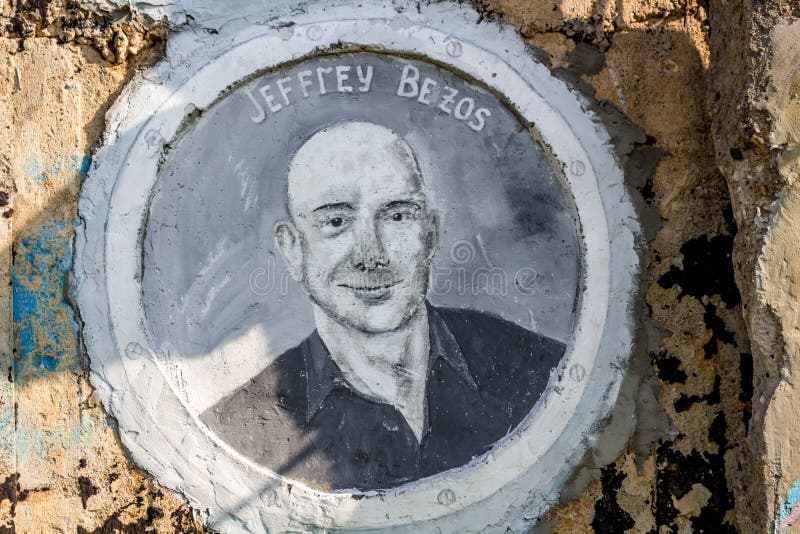 Borovsk, Rusland - September 2018: Portret van Jeff Bezos royalty-vrije stock fotografie Borovsk, Rusland - September 2018: Portret van Jeff Bezos royalty-vrije stock fotografie