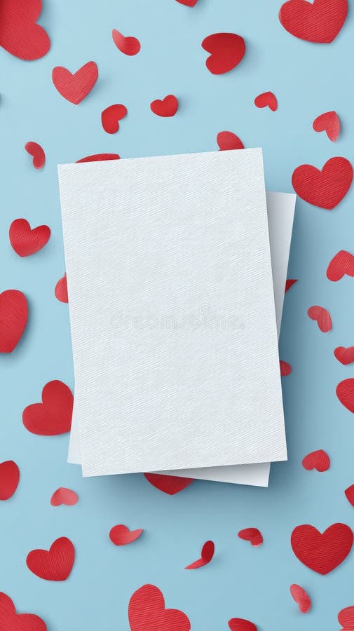 Borrando una nota de amor rodeada de decoraciones del corazón rojo sobre fondo azul claro imagen de archivo