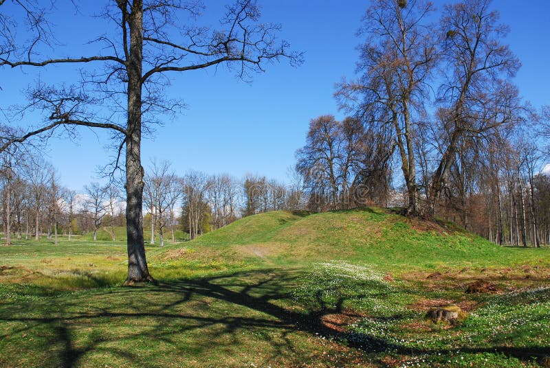 Borre, Horten, Norway - May 1, 2015: Burial mounds in Borre National Park. There are graves from the Viking era.