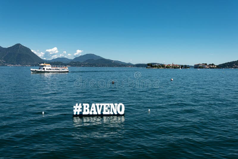 Borromeo Islands, Lake lago Maggiore seen from Baveno. Borromeo Islands view with ferry boat, seen from Baveno. Lake lago Maggiore, norther Italian lakes, Italy royalty free stock image Borromeo Islands, Lake lago Maggiore seen from Baveno. Borromeo Islands view with ferry boat, seen from Baveno. Lake lago Maggiore, norther Italian lakes, Italy royalty free stock image