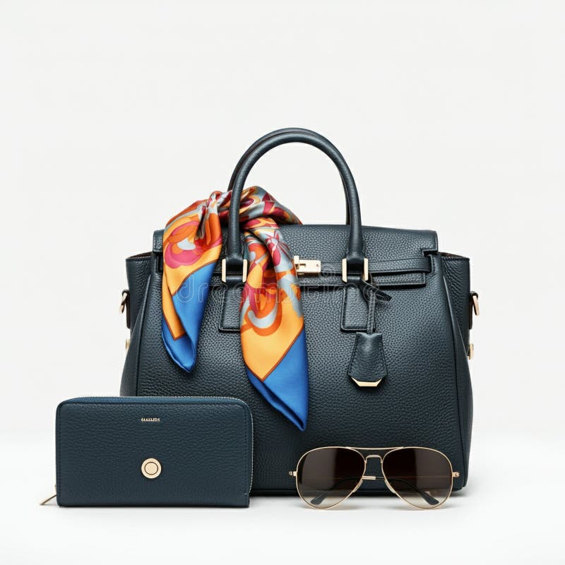 Borsa in cuoio nero con hardware in oro e maniglie laminate con seta colorata illustrazione vettoriale